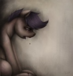 blood bodily_fluids brown_body brown_fur dripping female feral fur hair half-closed_eyes narrowed_eyes nosebleed open_mouth purple_eyes purple_hair short_hair simple_background sitting solo tongue tongue_out yellow_background young young_feral ventious friendship_is_magic hasbro my_little_pony scootaloo_(mlp) equid equine horse mammal pony 2012 signature