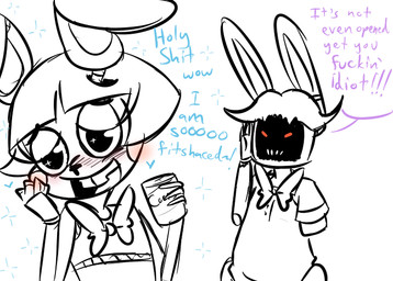 alcohol anthro beverage beverage_can blush bow_(feature) bow_tie buckteeth dialogue dishonesty drunk duo half-closed_eyes heart_symbol machine male narrowed_eyes open_mouth open_smile simple_background smile sparkles substance_intoxication teeth text white_background inkyfrog five_nights_at_freddy's five_nights_at_freddy's_2 scottgames toy_bonnie_(fnaf) withered_bonnie_(fnaf) animatronic lagomorph leporid mammal rabbit robot 2015 english_text partially_colored