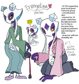 anthro cane clothed clothing digit_ring dress female jewelry large_sleeves purple_body red_eyes ring solo text wedding_ring yellow_sclera objectfucker nintendo pokemon evangeline_(objectfucker) froslass generation_4_pokemon pokemon_(species) english_text model_sheet