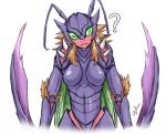 antennae_(anatomy) anthro breasts crossgender exoskeleton female fur green_eyes hair insect_wings looking_at_viewer non-mammal_breasts nude orange_body orange_fur orange_hair purple_body purple_exoskeleton purple_skin question_mark simple_background solo spikes white_background wings skykain league_of_legends riot_games tencent kha'zix_(lol) arthropod insect void_monster voidborn 2014