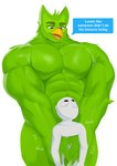 anthro beak biped green_body male mascot muscular muscular_anthro muscular_male simple_background speech_bubble text doggonut duolingo anon duo_(duolingo) avian bird human mammal digital_drawing_(artwork) digital_media_(artwork) english_text hi_res