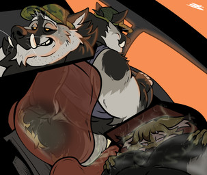 ambiguous_gender anthro bodily_fluids brown_body brown_fur butt_sniffing clothed clothing duo facesitting fur grey_body grey_fur larger_male larger_on_top male male/ambiguous musk on_top partially_clothed simple_background sitting sitting_on_another size_difference sniffing sweat tan_body tan_fur trucker white_body white_fur yellow_eyes ziuki canid canine canis felid feline lynx mammal wolf nonbinary_(lore)
