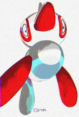 ambiguous_gender aura beak big_eyes big_head horn looking_at_viewer low-angle_view red_sclera simple_background solo static_background tail white_eyes geta_(artist) nintendo pokemon digital_creature generation_4_pokemon pokemon_(species) porygon-z 2023 chromatic_aberration hi_res