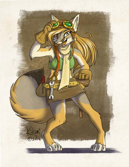 anthro aviator_cap belt biped bottomwear claws clothing eyewear female front_view fur gloves goggles green_eyes grey_body grey_fur hair handwear scarf screwdriver skirt solo standing tool_belt tools worker wrench kitsumi canid canine fox grey_fox mammal urocyon