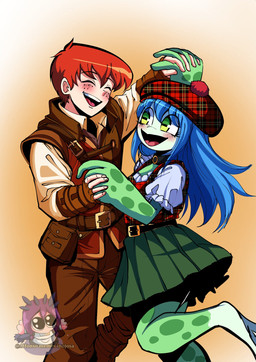 anthro belt big_hands blue_hair blush bottomwear brown_bottomwear brown_clothing brown_pants clothing dancing duo eyelashes eyes_closed female female_anthro fingerless_gloves freckled_face freckles gloves green_body green_bottomwear green_clothing green_eyes green_skirt hair hand_holding handwear hat headgear headwear horizontal_pupils interlocked_fingers long_hair male male_human markings open_mouth pants pockets pupils red_clothing red_hair red_hat red_headwear scottish shirt skirt smile spots spotted_markings standing teeth tongue topwear vest white_clothing white_shirt white_topwear alfonso_memes_inojosa amphibian frog human mammal hi_res