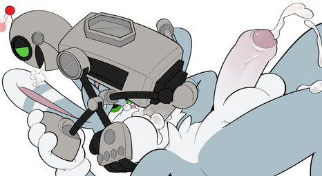 anthro balls bodily_fluids cum cum_from_mouth cum_in_mouth cum_inside cum_string cum_while_penetrated cumshot duo ejaculation erection face_fucking foreskin fur genital_fluids genitals half-closed_eyes hands-free holding_partner humanoid_genitalia humanoid_penis irrumatio larger_penetrated lying machine male male/male male_penetrated male_penetrating narrowed_eyes nude on_back open_mouth oral oral_penetration orgasm partially_retracted_foreskin penetration penile penile_penetration penis penis_in_mouth robot_penetrating robot_penetrating_anthro robot_penis saliva saliva_on_penis sex simple_background size_difference spread_legs spreading hairlessboyblunder ratchet_and_clank sony_corporation sony_interactive_entertainment clank_(ratchet_and_clank) ray_the_vigilante lagomorph leporid mammal rabbit robot absurd_res digital_media_(artwork) hi_res