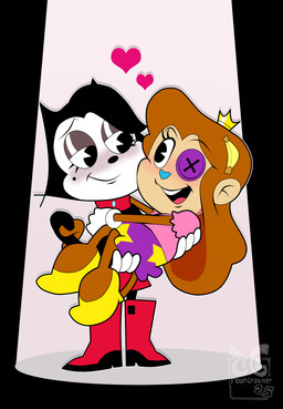 anthro blush clothed clothing crown duo entangled face_squish female female/female fur hair headgear open_mouth simple_background smile squish tail teeth toongrowner domestic_cat felid feline felis haplorhine humanoid mammal monkey primate digital_media_(artwork) hi_res