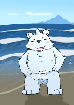 3_toes 5_fingers anthro balls beach black_nose blush bodily_fluids clothed clothing cloud erection eyes_closed feet fingers genital_fluids genitals kemono male mountain open_clothing open_shirt open_topwear outside penis precum shirt slightly_chubby solo standing toes topwear water white_body 3_7_3_k bear mammal polar_bear ursine 2025 censored
