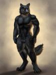 anatomically_correct anatomically_correct_genitalia anatomically_correct_penis animal_genitalia anthro balls biped black_body black_claws black_fur black_nose bulge canid canine canis claw_marks claws detailed_bulge dewclaw digitigrade facial_scar fluffy fully_sheathed fur genital_outline genitals half-erect hi_res humanoid_hands knot knot_in_sheath looking_at_viewer male mammal muscular muscular_anthro muscular_male nude paws penis penis_outline pinup pose scar sheath simple_background solo standing theowlette wolf yellow_eyes