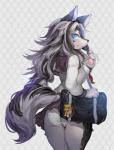 abstract_background anthro asian_clothing bag_accessory bag_charm big_butt black_body black_fur black_hair blue_eyes blush bottomwear breasts butt butt_pose clothed clothing countershading cute_fangs duffel_bag east_asian_clothing fangs female female_anthro footprint fur grey_body grey_fur grey_hair hair japanese_clothing japanese_school_uniform kemono keychain long_hair looking_at_viewer looking_back multicolored_hair panties pawpads pawprint pose rear_view school_uniform serafuku shoulder_bag skirt small_waist smile solo teeth text thick_thighs underwear uniform upskirt wide_hips 730 august_flamme_rouge hitohira_onsa surigara_usuzu canid canine canis mammal wolf half-length_portrait japanese_text portrait