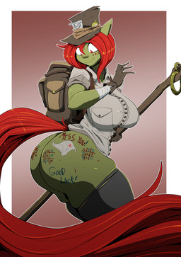 anthro backpack big_breasts big_butt body_writing breasts butt clothing female green_body hair legwear looking_back red_hair solo thigh_highs writing_on_butt writing_on_face vale-city hasbro my_little_pony equid equine mammal absurd_res hi_res