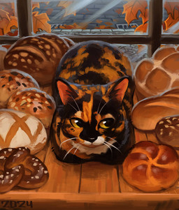 autumn bakery big_pupils black_body black_fur black_nose bread_loaf brick_road feral food fur furniture loaf looking_aside markings multicolored_body multicolored_fur on_table orange_leaves orange_markings pretzel_(food) pupils quadruped table whiskers white_markings window yellow_eyes alexpahomov domestic_cat felid feline felis mammal tortoiseshell_cat 2024 digital_media_(artwork) digital_painting_(artwork) painting_(artwork)