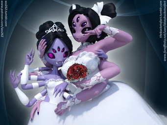 5_eyes 6_arms anthro armwear black_hair blue_nails bow_ribbon breasts clothing colored_nails crown dress duo fangs female female/female flower gesture hair hair_bun hand_gesture headgear multi_arm multi_eye multi_limb nails pigtails pink_body pink_skin plant purple_body purple_eyes purple_skin rose_(flower) side_hug smile square_crossover teeth tiara v_sign wedding wedding_dress white_armwear white_clothing white_dress wife wife_and_wife idsaybucketsofart wo262_(modeler) undertale undertale_(series) muffet animal_humanoid arachnid arachnid_humanoid arthropod arthropod_humanoid humanoid spider spider_humanoid 2018 3d_(artwork) 4:3 digital_media_(artwork)