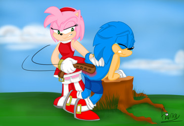 angry anthro belt belting bent_over bodily_fluids bottomwear bottomwear_down butt butt_slap clothed clothing crying dominant dominant_female duo female log male male/female pants pants_down partially_clothed punishment reddened_butt slap spank_marks spanked_butt spanking submissive submissive_male tears wood fanny_the_paddle sega sonic_the_hedgehog_(series) amy_rose sonic_the_hedgehog eulipotyphlan hedgehog mammal hi_res