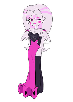clothed clothing dress feathered_wings feathers female one_eye_closed simple_background solo white_background wings enaic31 hazbin_hotel hellaverse molly_(hazbin_hotel) angel arachnid arthropod humanoid spider absurd_res hi_res