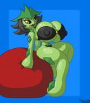 big_breasts bikini black_sclera blue_background blue_border border breasts clothing female goo-connected_lips green_body green_skin huge_breasts nipple_outline simple_background solo swimwear two-piece_swimsuit yellow_eyes 9-puzzle nintendo pokemon nora_(elfdrago) cacturne generation_3_pokemon humanoid pokemon_(species) hi_res