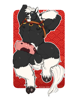 animal_genitalia animal_penis anthro areola ball_tuft balls biceps big_balls big_penis biped body_hair cloven_hooves equine_genitalia equine_penis erection facial_piercing feathering fur genitals hands_behind_head happy_trail hooves male male_anthro medial_ring mottled mottled_genitalia mottled_penis muscular muscular_anthro muscular_male nipple_dip nose_piercing o-ring obliques pecs penis piercing pubes quads septum_piercing solo stocky thick_penis tuft soradezwolfox maximus_(nekozkar) draft_horse equid equine horse mammal 4:5 absurd_res hi_res