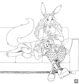 ambiguous_gender anthro antlers belly biped boots breasts buckteeth clothing collar controller cushion duo eyewear female fishnet_clothing fishnet_legwear footwear furniture game_controller glasses hair holding_controller holding_object hoodie horn legwear long_hair lying navel on_side on_sofa shadow shoes simple_background sitting slightly_chubby smile sofa tail teeth topwear white_background chimeracauldron ambiguous_species lagomorph leporid mammal rabbit absurd_res hi_res monochrome