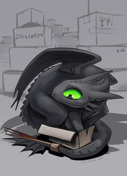 box container feral green_eyes in_box in_container looking_down male prosthetic solo spikes wings stirren dreamworks european_mythology how_to_train_your_dragon mythology toothless dragon fury_(httyd) mythological_creature mythological_scalie night_fury scalie western_dragon absurd_res hi_res