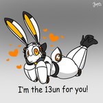 anthro blush butt heart_symbol machine male orange_eyes scut_tail short_tail smile solo tail text white_body jiqqy 13un lagomorph leporid mammal rabbit robot 1:1 english_text hi_res