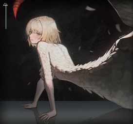 5_fingers back_groove black_background blonde_hair breasts eyelashes feathered_wings feathers featureless_breasts female fingernails fingers glistening_floor hair hand_on_ground leaning leaning_forward light_body light_skin lips looking_aside loose_feather nails nude red_body red_scales reflection scales short_hair side_view simple_background small_upper_body solo straight_hair white_body white_feathers wings yellow_eyes 4takara delicious_in_dungeon mythology falin_touden avian avian_taur dragon dragon_taur humanoid_taur hybrid mythological_creature mythological_scalie scalie taur 2026 digital_media_(artwork) digital_painting_(artwork) half-length_portrait hi_res painting_(artwork) portrait shaded signature sketch