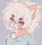 anthro clothed clothing eyewear female freckles fur glasses hair looking_at_viewer open_mouth simple_background smile solo tied_hair topwear furbait_(artist) mado_(character) canid canine canis domestic_dog mammal 2022 digital_media_(artwork) hi_res