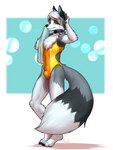 anthro bulge clothed clothing collar crossdressing digitigrade dipstick_tail eunuch fur inner_ear_fluff looking_at_viewer male markings multicolored_body multicolored_fur one-piece_swimsuit sideless_clothing sideless_swimsuit smile swimwear tail tail_markings towel tuft mykegreywolf seolfor canid canine fox mammal 2023 3:4 absurd_res digital_media_(artwork) hi_res