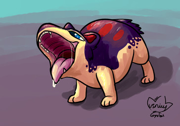 blue_eyes bodily_fluids countershading drooling feral fire male markings mottled mottled_body mouth_shot open_mouth paws purple_body quadruped red_markings saliva tan_body gyrotech leafysnivy nintendo pokemon blitz_(gyro) fan_character generation_2_pokemon pokemon_(species) quilava