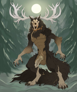 animal_genitalia animal_penis anthro antlers black_body black_fur canine_genitalia canine_penis collar dewclaw fluffy fluffy_tail forest fur genitals horn knot knotted_penis looking_at_viewer male mane muscular muscular_anthro muscular_male outside penis plant solo tail translucent translucent_penis tree wheat nebelviper shallow_(theshallow) skulldog_(species) 5:6 absurd_res hi_res