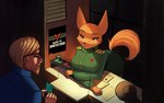 anthro arm_under_breasts beard big_breasts black_nose blonde_beard blonde_facial_hair blonde_hair blue_clothing breasts clothing duo eyelashes eyewear facial_hair female fur glasses green_clothing green_uniform hair leaning_on_table male military_uniform orange_body orange_fur poster red_eyes tan_body tan_skin uniform wide_hips delta_hronum papers_please canid canine fox human mammal hi_res