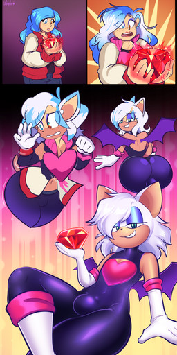5_fingers anthro big_butt blue_hair bottomwear breasts bulge butt clothing crossgender female fingers ftm_crossgender ftm_transformation gem gender_transformation gloves green_eyes growth hair handwear holding_gem holding_object human_to_anthro looking_at_viewer magic male membrane_(anatomy) membranous_wings open_mouth pants shirt smile solo species_transformation surprised tail tail_growth tf_into_fictional_character topwear transformation white_clothing white_gloves white_hair white_handwear wing_growth wings la-frugele sega sonic_the_hedgehog_(series) rogue_the_bat_(nikkikaji) rouge_the_bat bat human mammal 2025 absurd_res comic digital_media_(artwork) hi_res