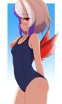 :o blue_hair blush blush_lines bodily_fluids border breasts butt clothing feathers female hair hand_behind_back hand_on_breast hand_on_butt horn loli looking_aside looking_at_viewer multicolored_hair navel one-piece_swimsuit open_mouth red_body red_eyes red_feathers school_swimsuit side_view sky small_breasts solo sweat sweatdrop swimwear under_shade white_border white_hair wings young ayatori tokiko_(touhou) animal_humanoid avian avian_humanoid bird_humanoid horned_humanoid humanoid 2021 digital_media_(artwork) hi_res