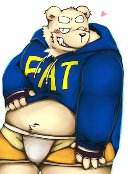 anthro asian_clothing belly blush clothing east_asian_clothing fundoshi hoodie humanoid_hands japanese_clothing kemono male navel one_eye_closed overweight overweight_anthro overweight_male simple_background solo text topwear underwear white_background wink yaoyasohachi bear mammal 2015 3:4 hi_res