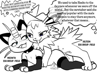 blue_eyes bodily_fluids clothing collar cum cum_inside drooling duo female feral feral_on_feral freckles genital_fluids hat headgear headwear leaking_cum male open_mouth pawpads paws piercing saliva sex simple_background smile speech_bubble teeth text tongue tongue_out white_background yttriumi2f nintendo pokemon neeko_(yttriumi2f) alolan_form alolan_meowth eeveelution generation_1_pokemon generation_7_pokemon jolteon pokemon_(species) regional_form_(pokemon) absurd_res english_text hi_res