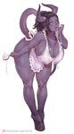 apron black_hair breasts clothing cutlery female frosting grey_eyes hair hanging_breasts hooves horn humanoid_pointy_ears kitchen_utensils knees_bent nipple_outline solo spoon tail text tools tezy8 demon humanoid absurd_res hi_res url