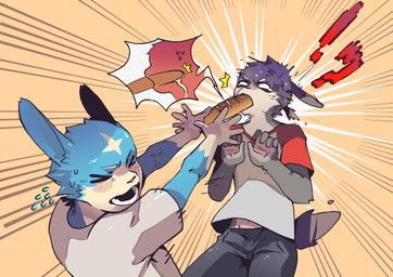anthro baguette blue_body blue_fur bottomwear bread cheek_tuft clothed clothing countershading cutaway deep_throat denim denim_bottomwear denim_clothing duo ears_back emanata eyes_closed facial_tuft feeding food force_feeding forced fully_clothed fur gloves_(marking) grey_body grey_fur hair head_tuft interrobang jeans kemono male markings motion_lines open_mouth oral oral_penetration pants penetration pivoted_ears ponytail shirt shocked short_ponytail standing t-shirt tan_body tan_countershading tan_fur topwear tuft mawarisaka3 mawarisaka_(character) lagomorph leporid mammal rabbit