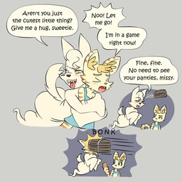 annoyed anthro black_nose blonde_eyebrows blonde_hair blue_clothing blue_dress blue_eyes blush blush_lines brown_body brown_fur brown_stripes butt chest_(container) clothing dress duo emanata eyebrows eyelashes eyes_closed fangs female floating fur ghost_tail hair hit_in_face hug hugging_another hugging_from_behind humor motion_lines no_pupils one_fang onomatopoeia open_mouth pink_nose raised_tail slapstick sound_effects stripes surprised tail tan_body tan_fur tan_sclera teeth text tongue tongue_out white_body white_eyes white_hair white_tail young young_anthro young_female bisonvega cat_girl_(bisonvega) canid canine domestic_cat felid feline felis fox ghost mammal spirit 2025 comic hi_res