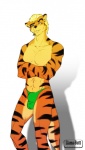 abs anthro arlon3 biped black_body black_fur black_nose blonde_hair blue_eyes bulge clothed clothing crossed_arms felid fur hair hi_res looking_at_viewer male mammal muscular muscular_anthro muscular_male orange_body orange_fur pantherine short_hair simple_background skimpy solo standing stripes tail tiger topless white_background