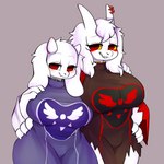 alternate_universe anthro arm_around_partner bedroom_eyes big_breasts blush boss_monster_(undertale) bovid breasts caprine clothing collar curvy_figure delta_rune_(emblem) dual_persona duo eyelashes female female/female fur furgonomics furry-specific_piercing goat hair half-closed_eyes hand_on_hip hi_res horn horn_piercing looking_at_viewer mammal narrowed_eyes piercing pupils red_eyes robe seductive sharp_teeth slit_pupils smile smirk snow_angel_(artist) standing symbol teeth toriel toriel_(underfell) torn_clothing underfell undertale undertale_(series) voluptuous white_body white_fur white_hair wide_hipped_female wide_hips