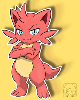 :3 anthro black_nose blue_eyes cheek_tuft crossed_arms eyelashes facial_tuft fangs female looking_at_viewer pink_body pose simple_background solo standing tail teeth tuft yellow_background dedazzdizzy palworld pocketpair cattiva pal_(species) hi_res