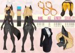 anthro areola black_body black_fur blonde_hair blue_eyes breasts butt claws clothing dipstick_tail dress ear_piercing ear_ring featureless_crotch female front_view fur grey_body grey_fur hair hand_on_hip heart_symbol jewelry looking_at_viewer markings multicolored_body multicolored_fur multicolored_tail navel nude piercing rear_view ring_piercing solo standing tail tail_markings text pacevanrign blizzard_entertainment overwatch lillith_(xxblackfangxx) tracer_(overwatch) canid canine canis mammal wolf full-length_portrait model_sheet portrait watermark