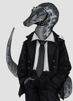 accessory ambiguous_gender anthro black_bottomwear black_clothing black_pants bottomwear claws clothed clothing fully_clothed green_eyes looking_at_viewer necktie open_clothing open_topwear pants simple_background snout solo tail teeth topwear white_background tessa_gaf baryonyx dinosaur prehistoric_species reptile saurischian scalie spinosaurid theropod colored digital_drawing_(artwork) digital_media_(artwork) hi_res shaded