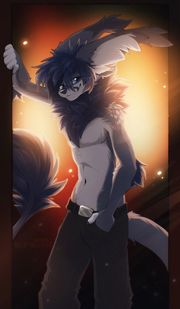 anthro belt biped bottomwear claws clothed clothed_anthro clothed_male clothing countershade_torso countershading fingers front_view fur hair hand_in_pocket looking_at_viewer male navel pants partially_clothed partially_clothed_anthro partially_clothed_male pockets smile solo standing tail topless topless_anthro topless_male magenta7 gindo 2026 absurd_res digital_drawing_(artwork) digital_media_(artwork) hi_res