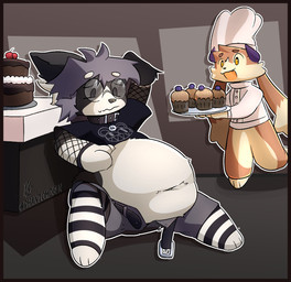 alternative_fashion ambiguous_gender anthro belly belly_expansion belly_inflation big_belly big_butt bloated border butt duo expansion feederism feeding food food_fetish goth inflation male male/male navel overweight overweight_anthro red_border sound_effects stuffing weight_gain worried phantomdgen canid canine canis domestic_dog lagomorph leporid mammal rabbit colored digital_drawing_(artwork) digital_media_(artwork) hi_res