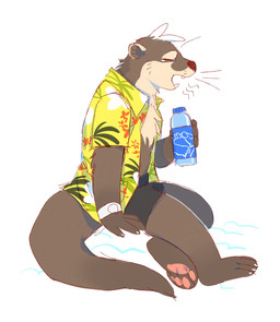 anthro beverage black_bottomwear black_clothing bottomwear brown_body brown_fur brown_tail chest_tuft clothed clothing eyes_closed fangs fur green_clothing green_topwear head_tuft holding_beverage holding_object male open_mouth pawpads pink_pawpads side_view simple_background sitting solo tail tan_body tan_fur teeth topwear tuft unsigned yawn asnnonaka mammal mustelid otter full-length_portrait hi_res portrait