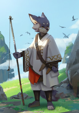 anthro barefoot black_nose brown_eyes cloud dagger day detailed_ambient_creature detailed_background feet fishing_rod fur grass grey_body grey_fur group male melee_weapon outside plant rock smile solo_focus standing weapon lokey ambient_bird ambient_flier avian bird canid mammal 2018 hi_res