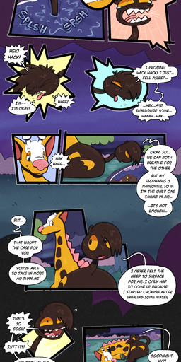 brown_body brown_fur bubble cloven_hooves comic_panel cough dialogue eyes_closed fur holding_breath hooves living_tail onomatopoeia orange_sclera sharp_teeth smile smiling_at_another solo sound_effects speech_bubble tail tail_head teeth text underwater unusual_anatomy unusual_tail water yellow_body yellow_fur trevor-fox nintendo pokemon kyp_(character) trevor-fox_(character) generation_2_pokemon girafarig pokemon_(species) absurd_res comic english_text hi_res