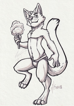 anthro cheek_tuft chest_tuft clothed clothing facial_tuft front_view head_tuft holding_cotton_candy jockstrap male male_anthro mouth_closed simple_background slim_anthro slim_male solo tail topless tuft underwear hufnaar canid canine mammal 2018 dated full-length_portrait hi_res monochrome portrait sketch