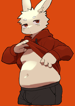 4_fingers anthro blush blush_lines bottomwear cheek_tuft clothed clothing clothing_lift facial_tuft featureless_chest fingers hood looking_at_viewer male moobs mouth_closed navel neutral_expression overweight overweight_male rabbit_ears simple_background simple_mouth simple_nose tuft si_ra_ta_ma3 lagomorph leporid mammal rabbit hi_res