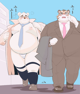 anthro areola barbell_piercing belly big_belly blush body_hair bottomwear clothing duo eyewear glasses happy_trail kemono male male/male moobs necktie nipple_dip nipple_piercing nipples outside overweight overweight_male pants piercing shirt suit text topwear tuft walking devour1129 bear felid mammal pantherine polar_bear tiger ursine 2026 hi_res japanese_text